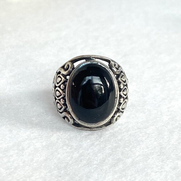 Sterling Silver 925 Chunky Oval Black Onyx Cab Pierced Scrollwork Ring Sz 6.5 - Picture 6 of 16
